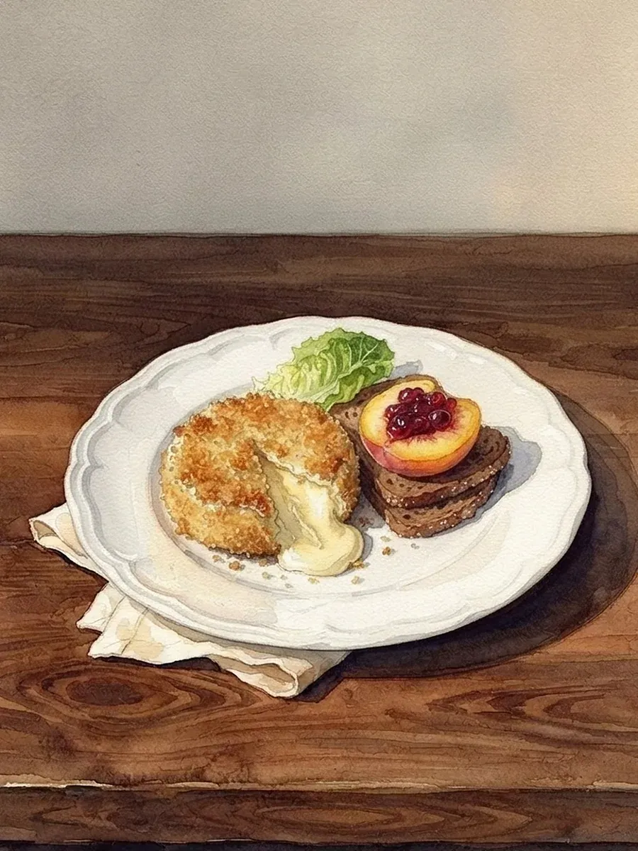 Aquarell: Gebackener Camembert mit Pfirsich, Preiselbeeren und Schwarzbrot