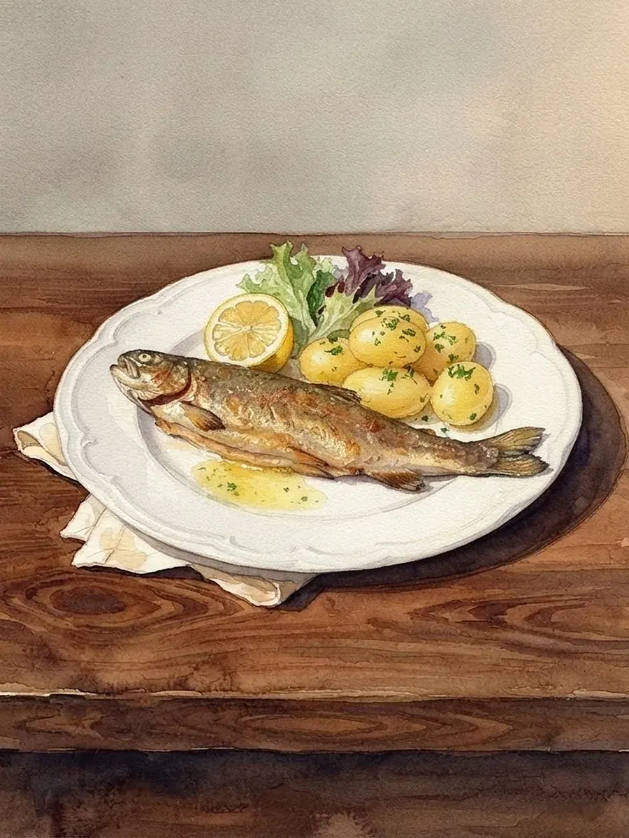 Aquarell: Forelle Müllerin Art mit Buttersauce und Salzkartoffeln