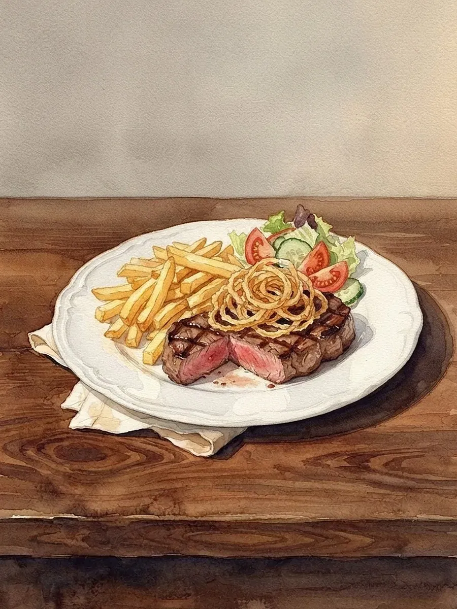 Aquarell: Rumpsteak mit Röstzwiebeln, Pommes frites und gemischtem Salat