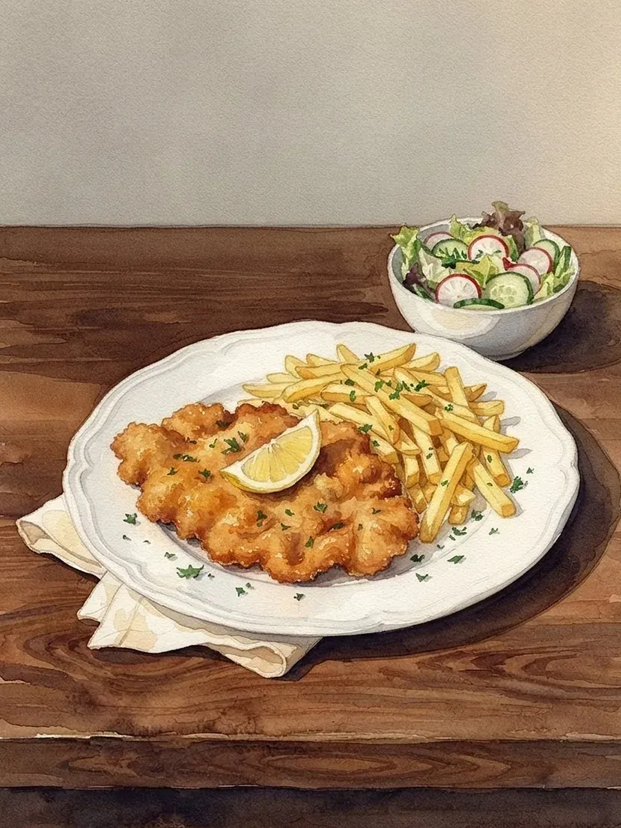 Aquarell: Schnitzel Wiener Art mit Pommes frites und gemischtem Salat