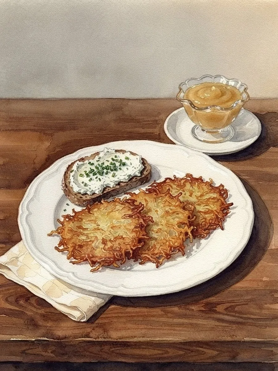 Aquarell: hausgemachte Reibekuchen mit Apfelmus